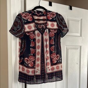 Graphic Black and Pink Short Sleeve Relaxed Blouse